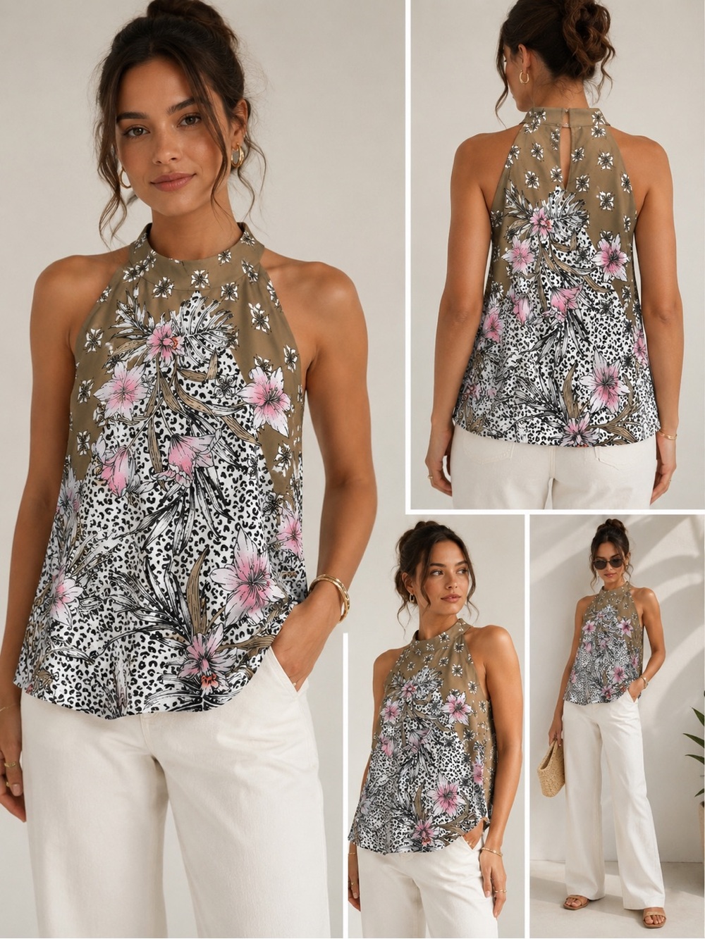 White House Black Market Olive Halter Floral & Leopard Print Camisole